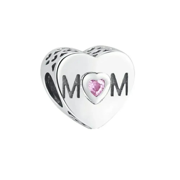 Sterling Silver Mom Heart Bracelet Charm Pink Rhinestone Heart Cut Outs Mom Gift